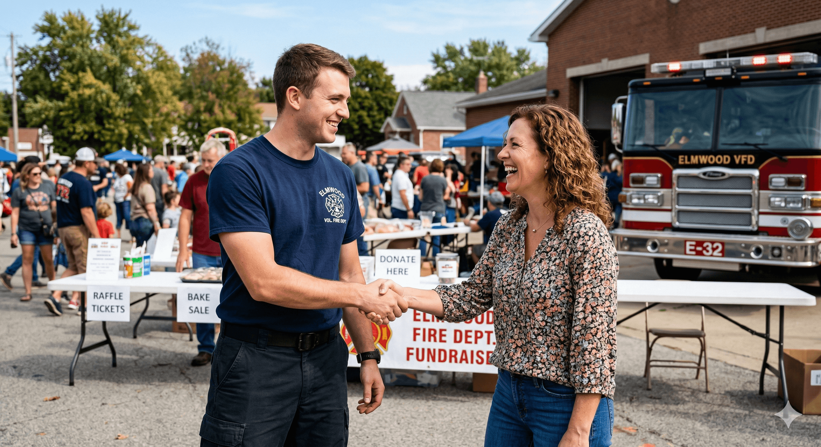 Volunteer firefighter connecting with community member at a fundraiser