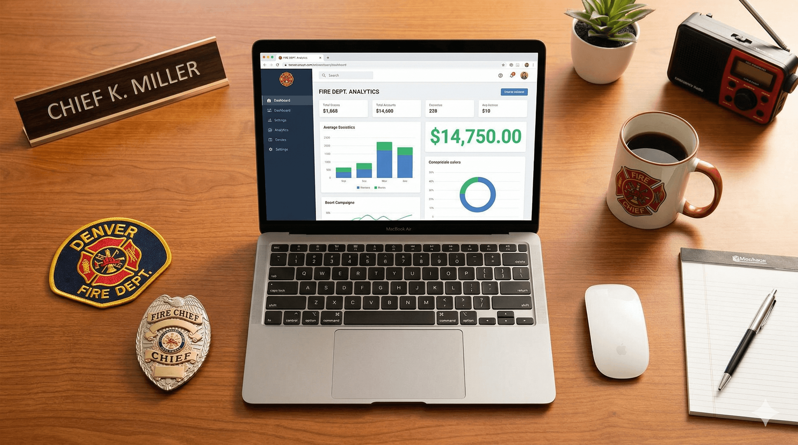 Fire chief reviewing station dashboard on laptop