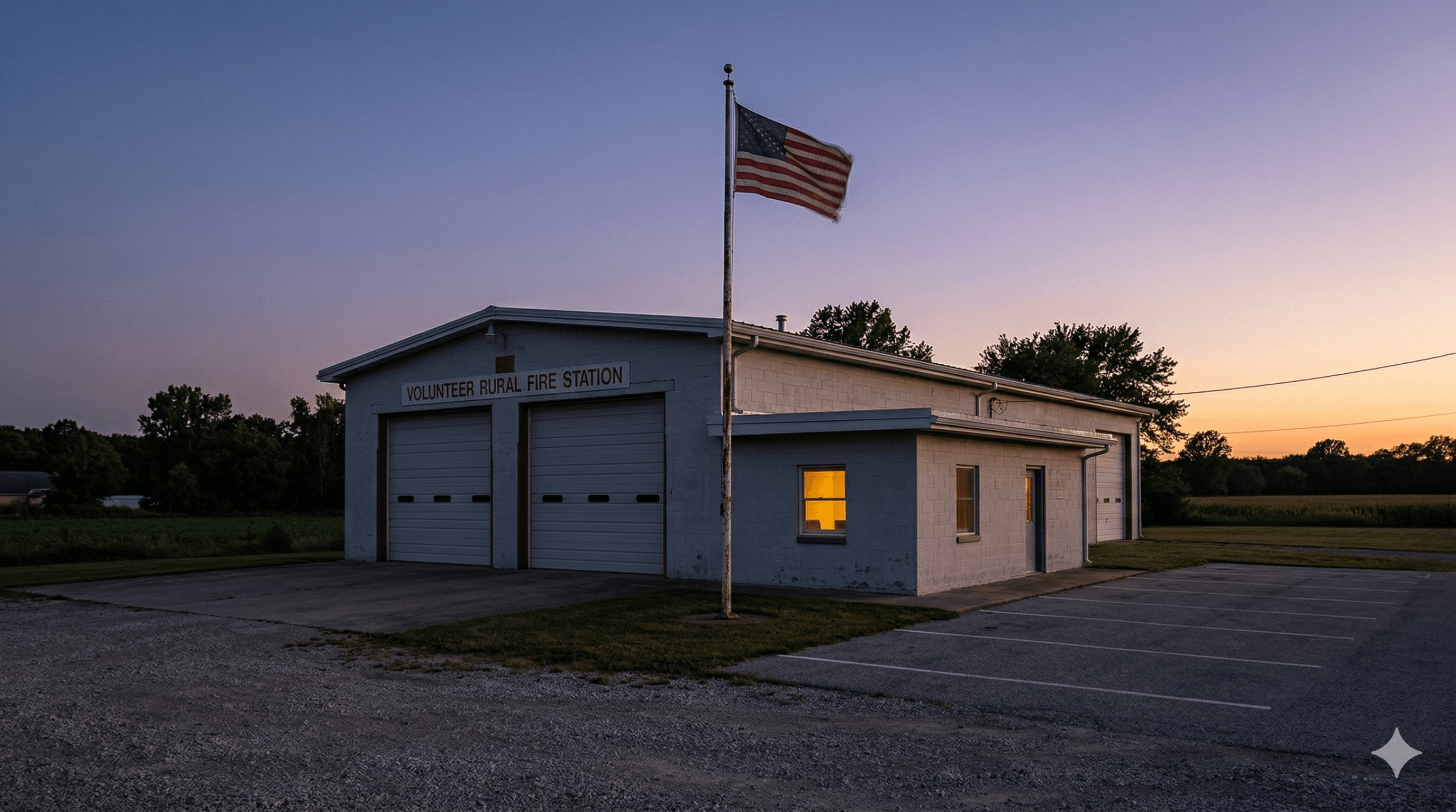 Small rural volunteer fire station at dusk