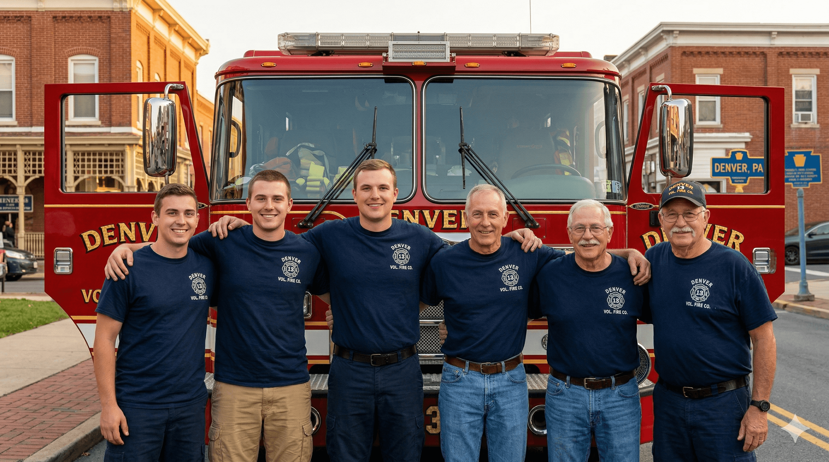 Volunteer fire crew standing together in front of their station